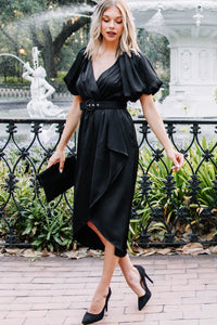 Get What You Want Black Satin Midi Dress