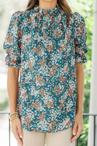 This Is The Time Teal Blue Ditsy Floral Blouse