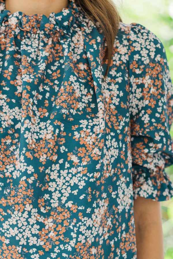 This Is The Time Teal Blue Ditsy Floral Blouse