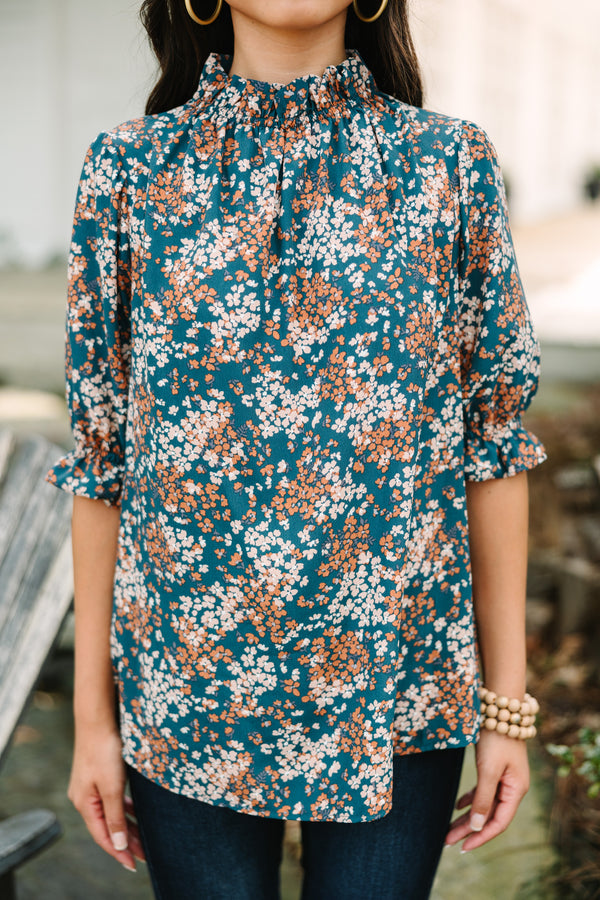 This Is The Time Teal Blue Ditsy Floral Blouse