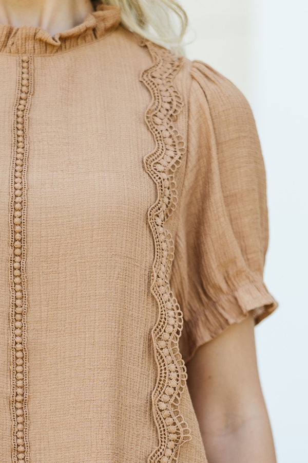 Wish You Were Here Brown Crochet Blouse