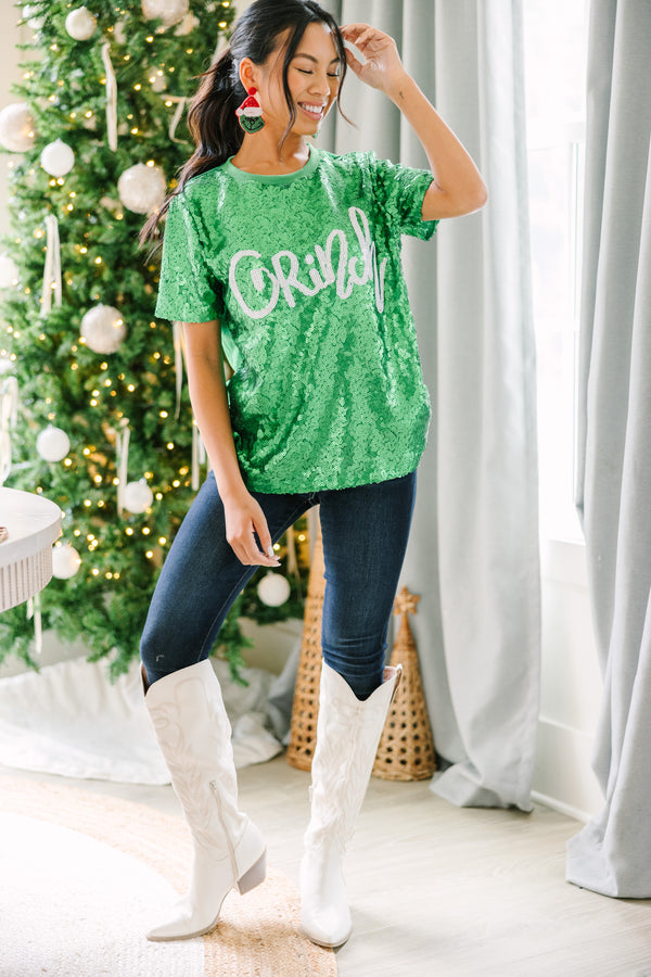 sequin top, grinch top, holiday tops for women
