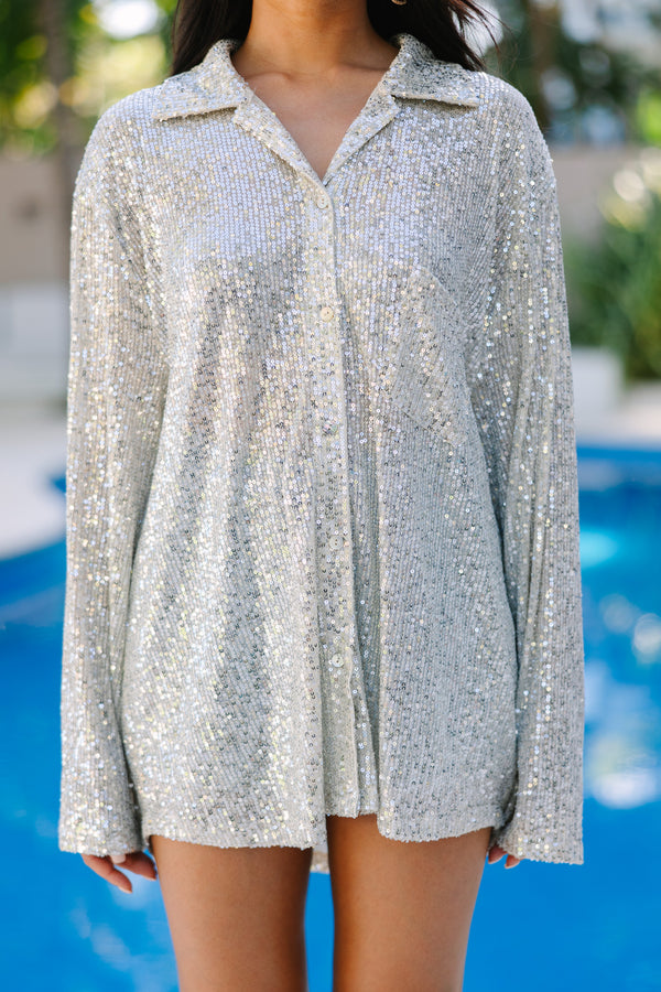 It's A Long Story Silver Sequin Blouse
