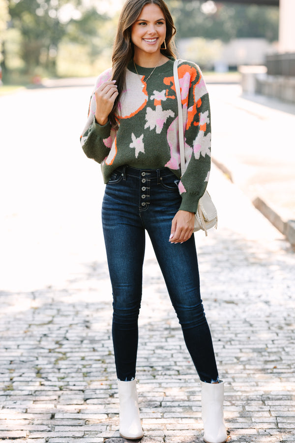 Chic Pursuits Olive Green Floral Sweater