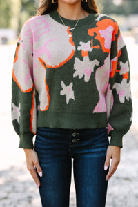 Chic Pursuits Olive Green Floral Sweater