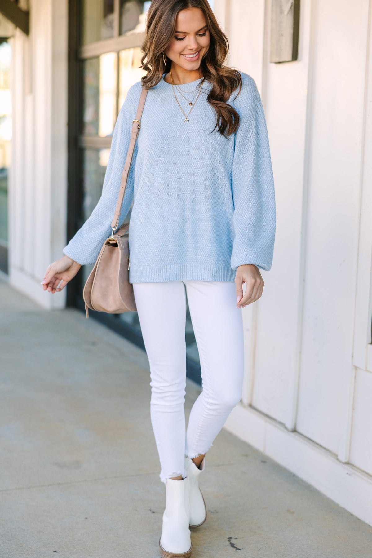 Light Blue Striped Hollow Out Puff Sleeve Sweater