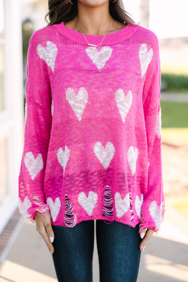 Feeling Like A Queen Fuchsia Pink Heart Print Sweater