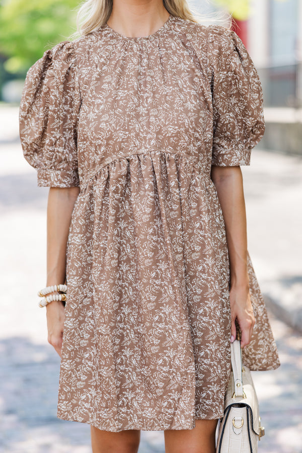 Oh So Thankful Butterscotch Brown Ditsy Floral Babydoll Dress