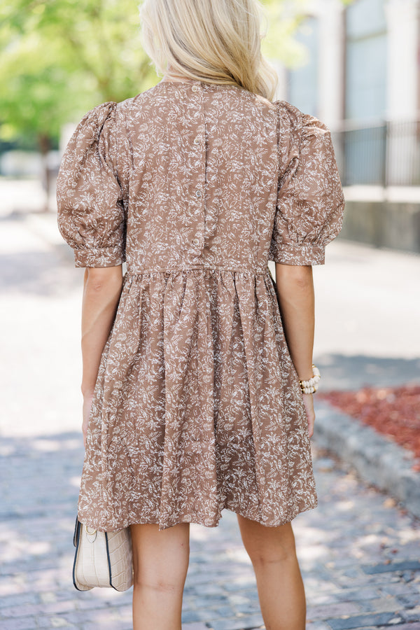 Oh So Thankful Butterscotch Brown Ditsy Floral Babydoll Dress