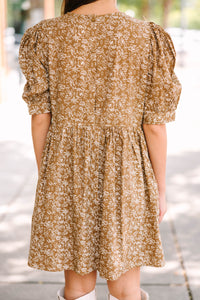 Oh So Thankful Butterscotch Brown Ditsy Floral Babydoll Dress