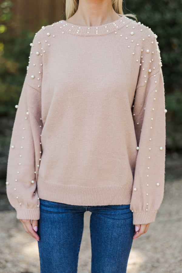 Can't Help But Love Latte Brown Pearl Studded Sweater