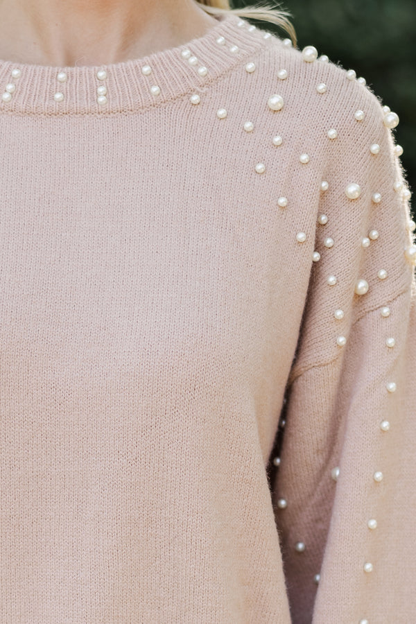 Can't Help But Love Latte Brown Pearl Studded Sweater