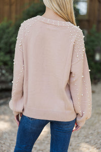 Can't Help But Love Latte Brown Pearl Studded Sweater