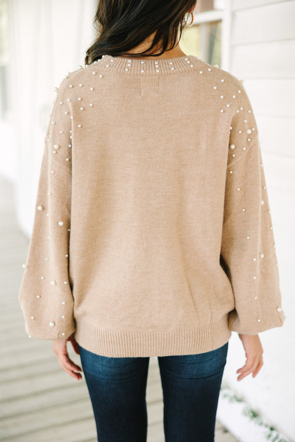 Can't Help But Love Latte Brown Pearl Studded Sweater