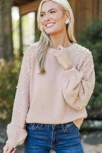 Can't Help But Love Latte Brown Pearl Studded Sweater