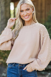 Can't Help But Love Latte Brown Pearl Studded Sweater