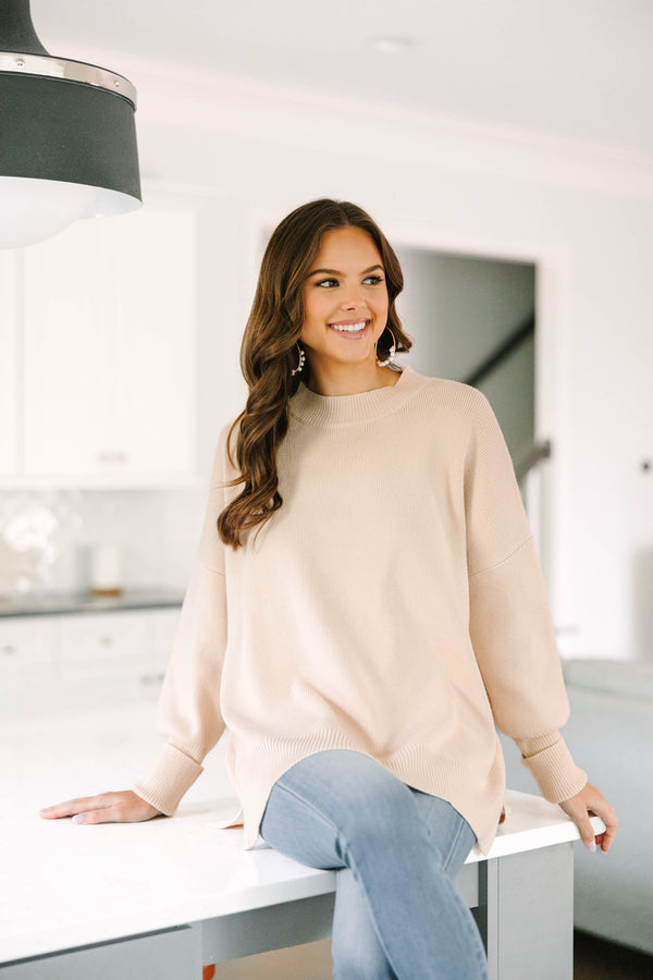 Perfectly You Taupe Brown Mock Neck Sweater