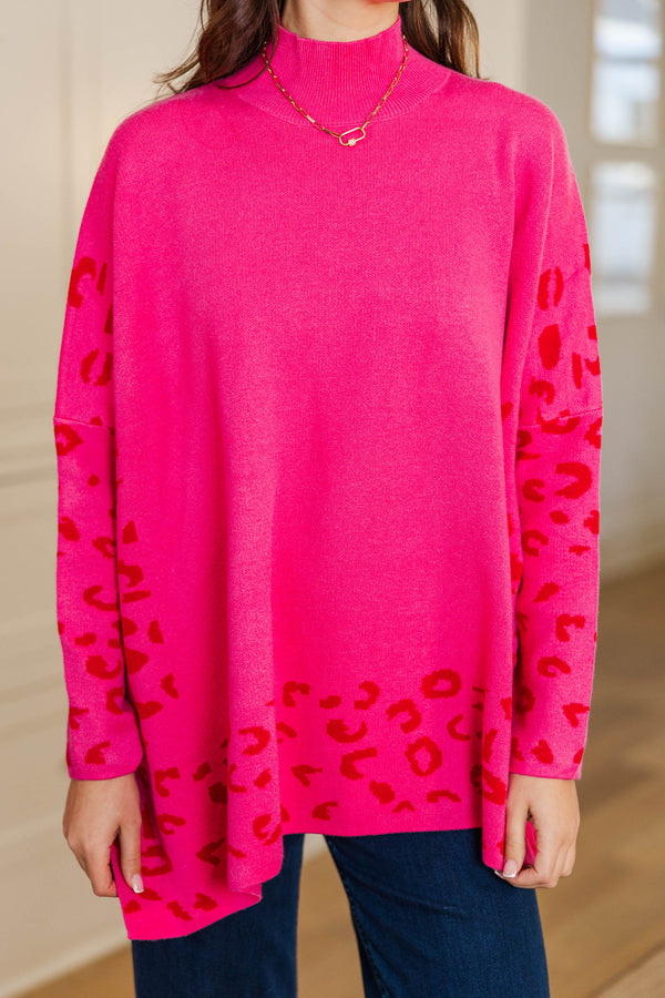 All In Theory Fuchsia Pink Leopard Sweater Tunic