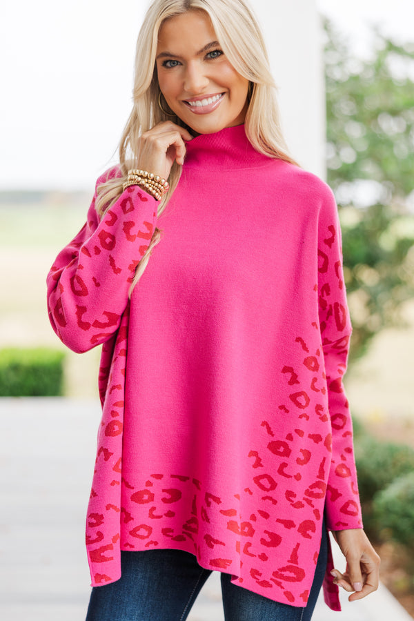 All In Theory Fuchsia Pink Leopard Sweater Tunic