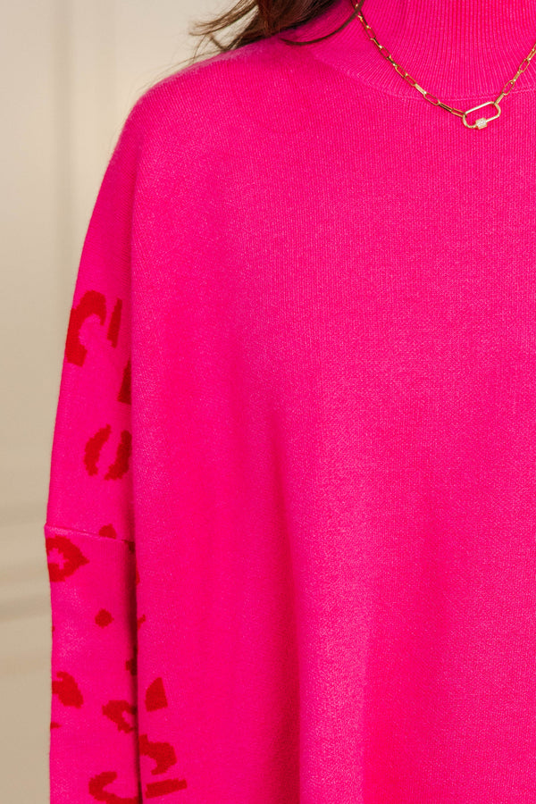 All In Theory Fuchsia Pink Leopard Sweater Tunic
