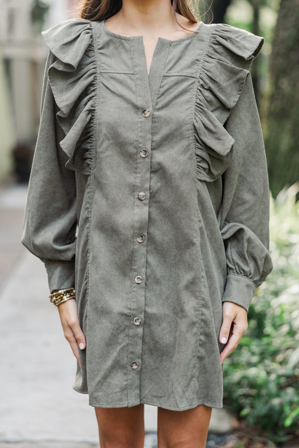 Never Too Late Olive Green Corduroy Dress