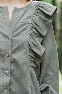 Never Too Late Olive Green Corduroy Dress