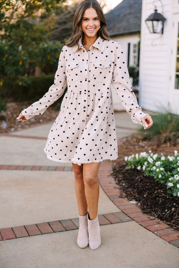 Just So You Oatmeal Brown Heart Print Babydoll Dress – Shop the Mint