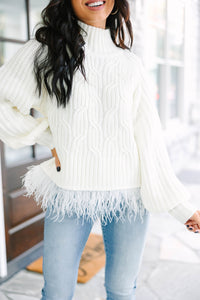 What's Going On Cream White Feather Trim Sweater