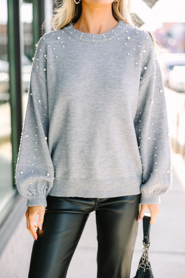 Can't Help But Love Dark Gray Pearl Studded Sweater