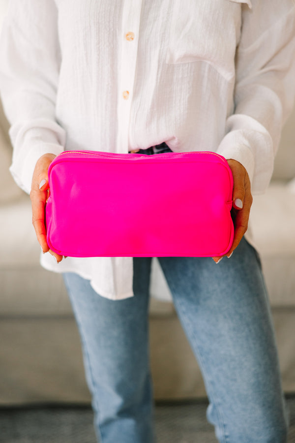Let's Get Going Hot Pink Varsity Cosmetic Bag, Large