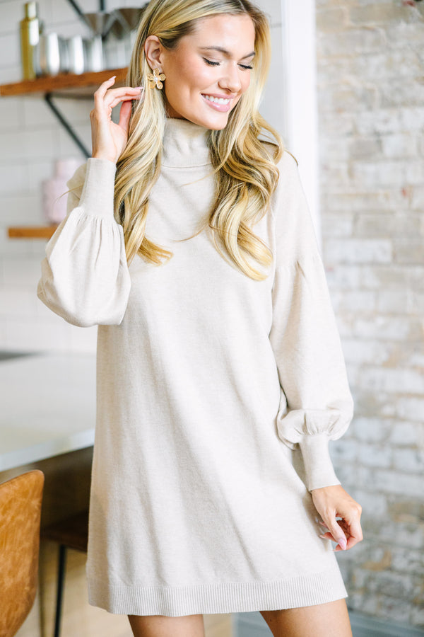 Wherever You Go Oatmeal Brown Turtleneck Sweater Dress