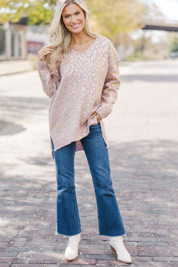 Don't Let Me Go Mauve Pink Metallic Leopard Sweater