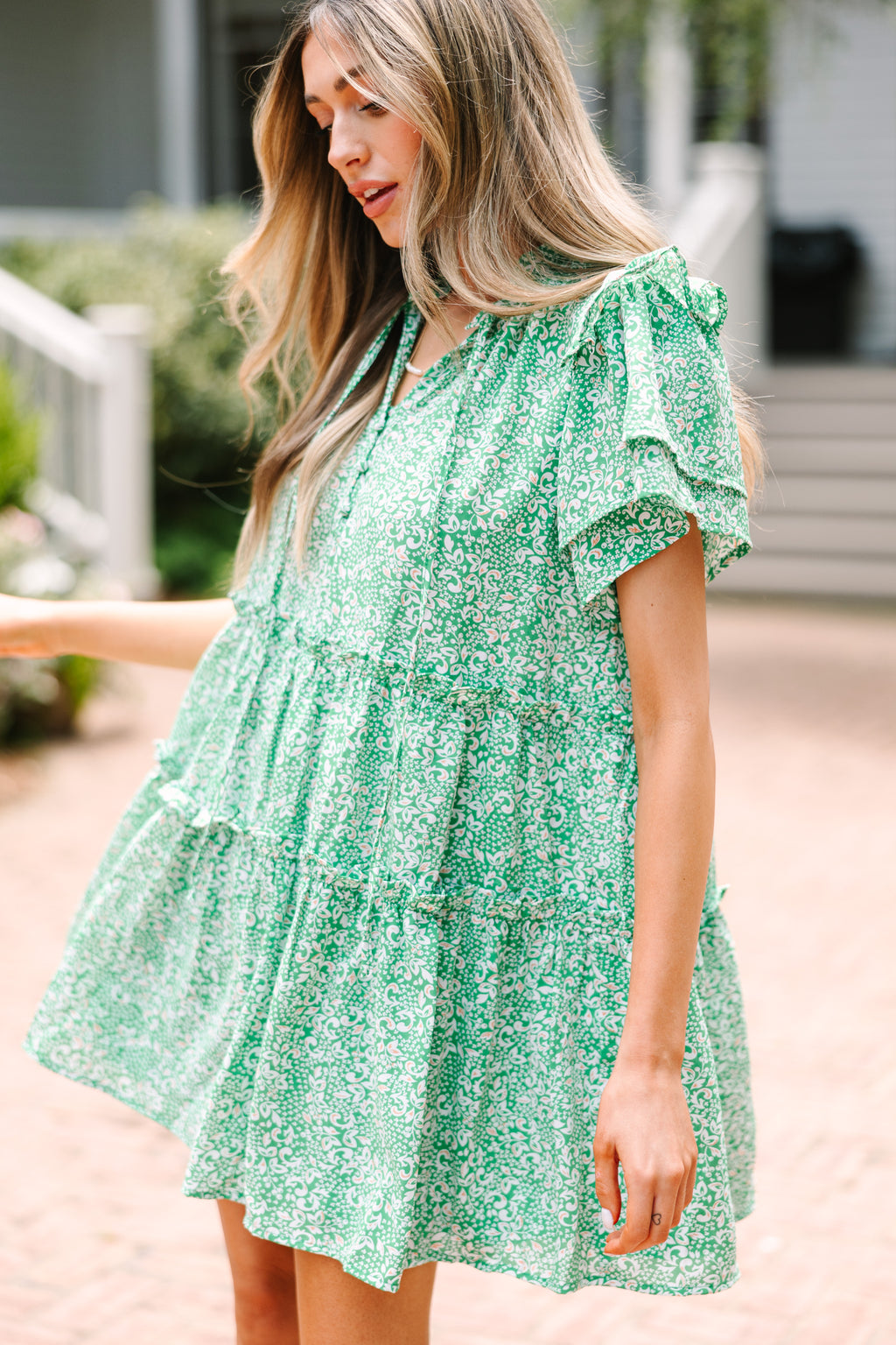 green ruffle mini dress See You There Ruffled Color:Picture color-Lilac BD6166 Large Floral Lace Long shoulder cutout