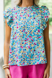 Better Believe It Aqua Blue Ditsy Floral Blouse