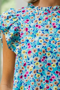 Better Believe It Aqua Blue Ditsy Floral Blouse