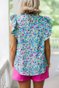 Better Believe It Aqua Blue Ditsy Floral Blouse