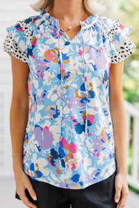 Can't Miss This Light Blue Mixed Print Blouse