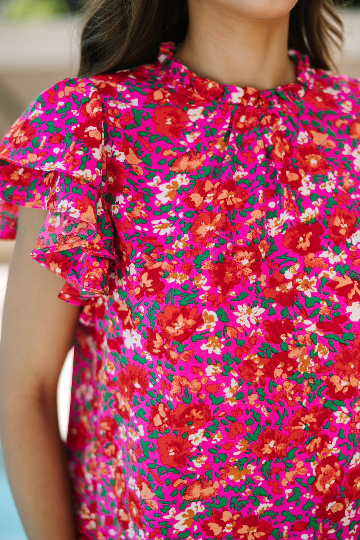 Pink Ditsy Floral Bubble Sleeve V Neck Blouse