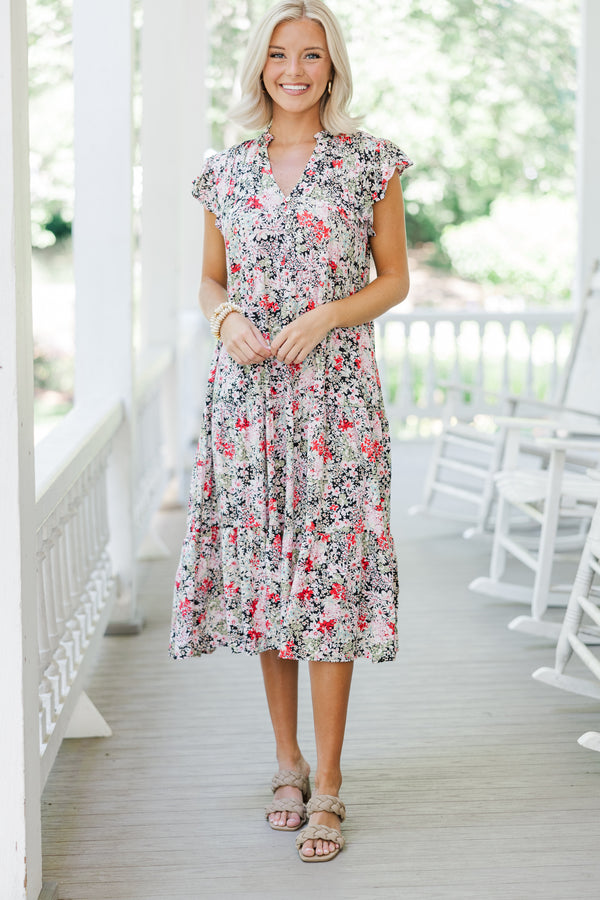 black ditsy floral midi dress Ditsy Floral Smocked Midi Dress