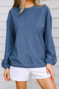 navy blue sweatshirt, corded sweatshirt, causal sweatshirt