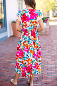 Women's dress, Floral print, Crochet detailing, Midi dress, Colorful fashion