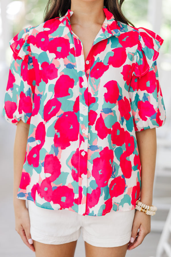 Keep Their Attention Hot Pink Floral Blouse