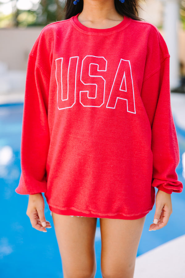 USA Red Embroidered Corded Sweatshirt