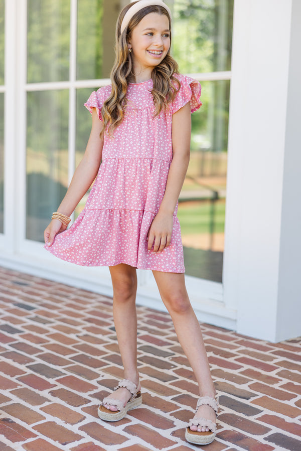 Girls: Along For The Ride Coral Pink Ditsy Floral Babydoll Dress