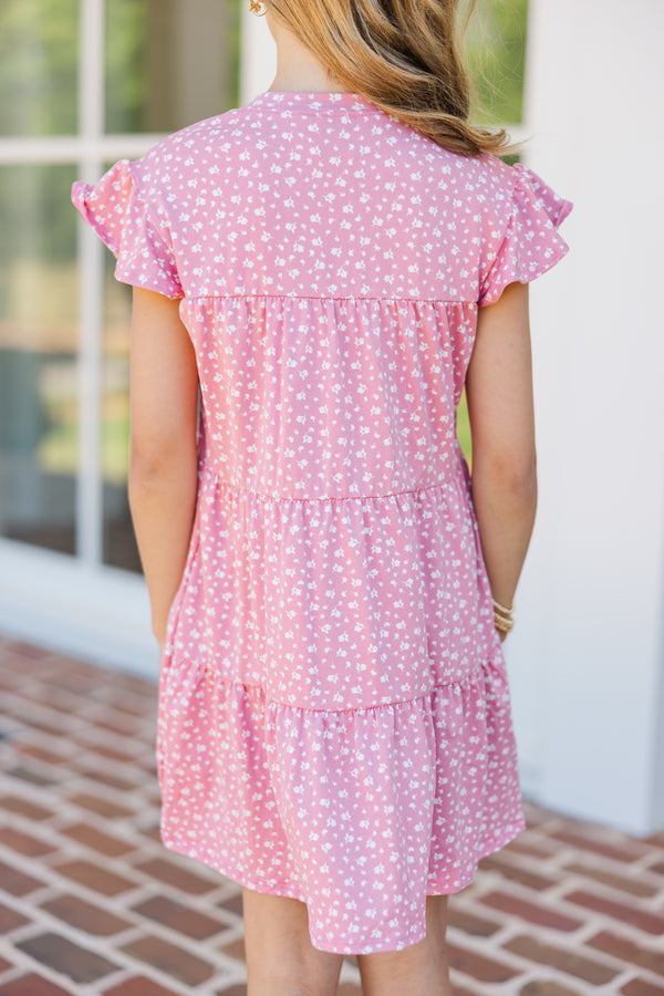 Girls: Along For The Ride Coral Pink Ditsy Floral Babydoll Dress