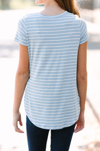 Girls: Let's Meet Later Light Blue and Ivory Striped Top