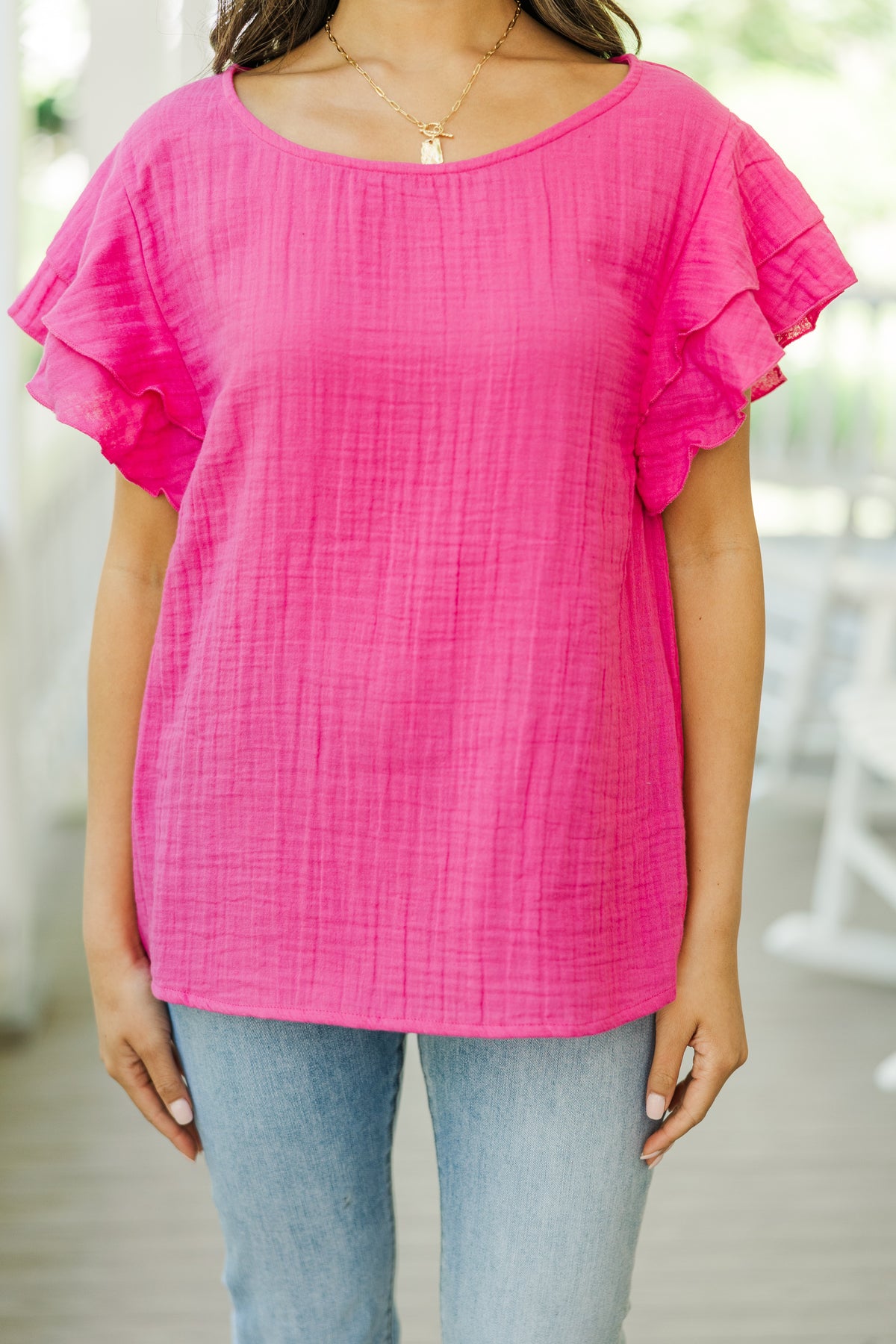 It's All True Fuchsia Pink Ruffled Gauze Top – Shop the Mint
