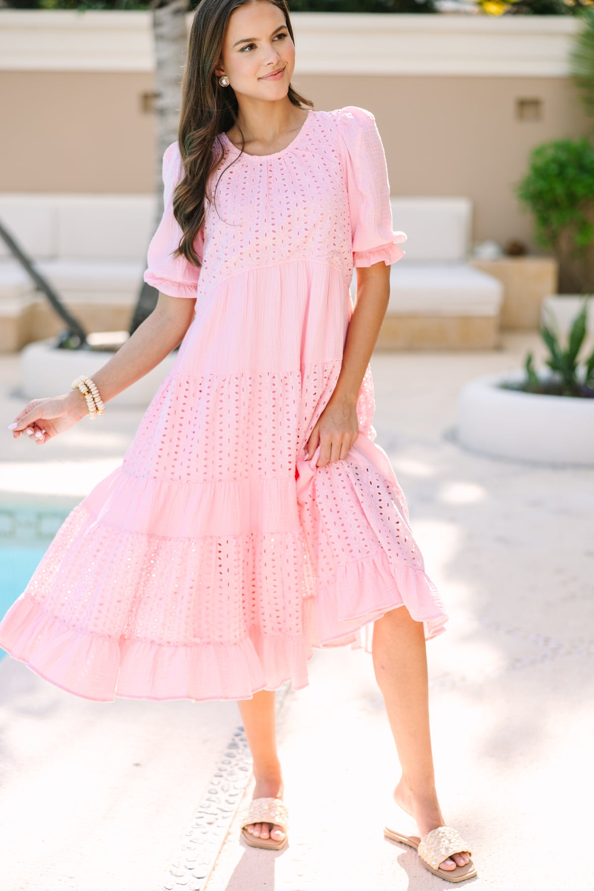 strapless open back dress Petite Pink Spot-Print Puff-Sleeve Midi Dress – Ro&Zo