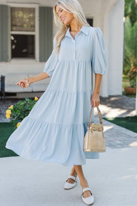 Love Found Light Blue Tiered Midi Dress