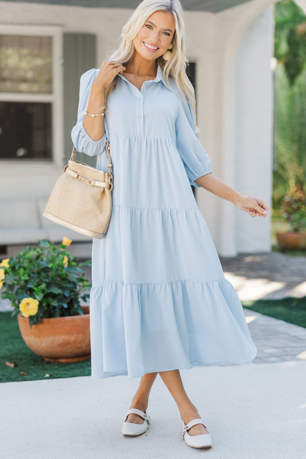 Love Found Light Blue Tiered Midi Dress